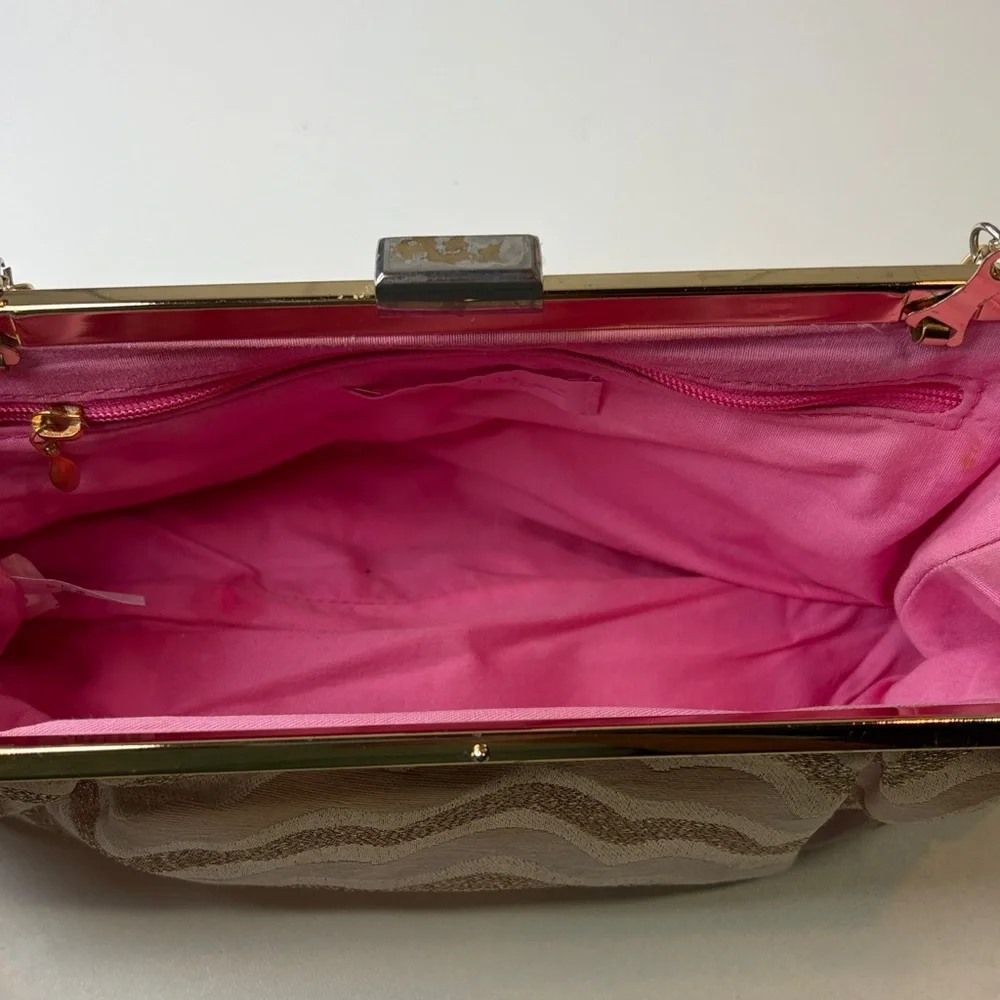 Lilly Pulitzer Gold Shimmer Cream Pink Clutch Bag w golden chain